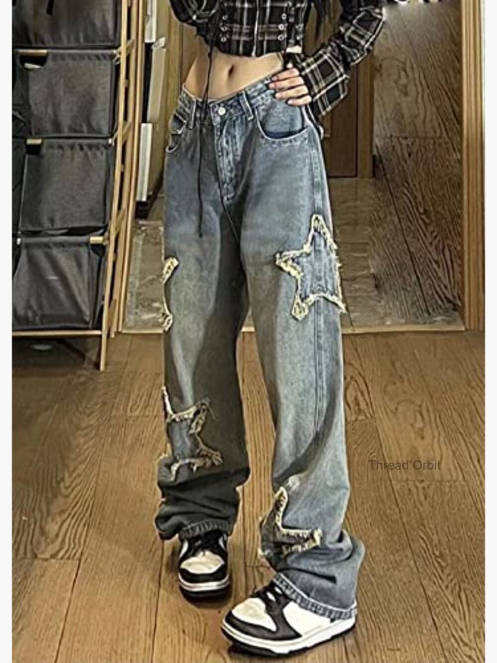 Kids Y2K Baggy Jeans Star Patchwork High Waist Denim Straight Leg - Picture 5 of 5